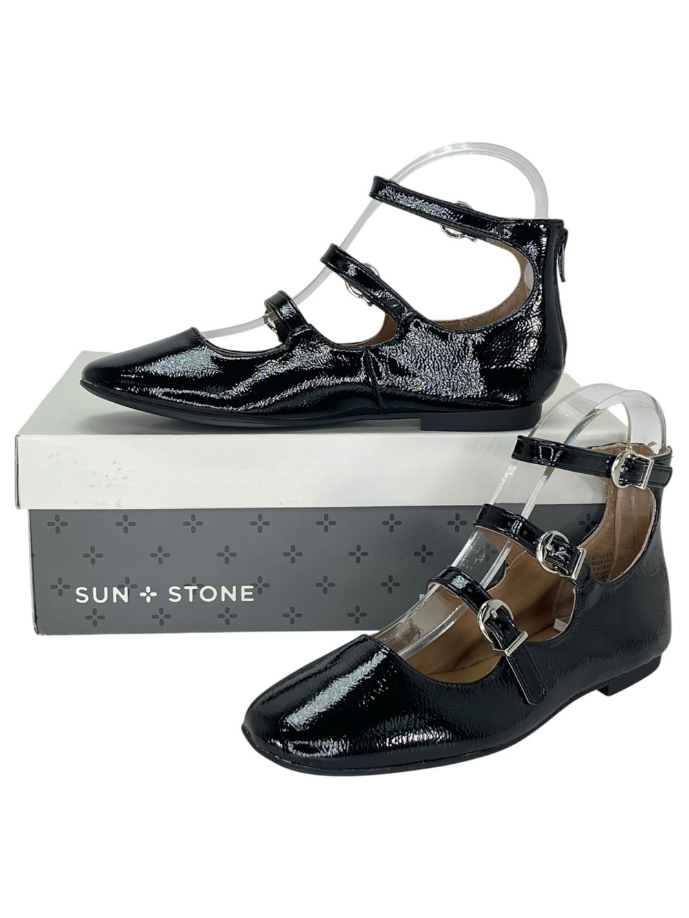 Sun + Stone Cecillee Black Patent Leather Strappy Womens Flats Size 5.5M